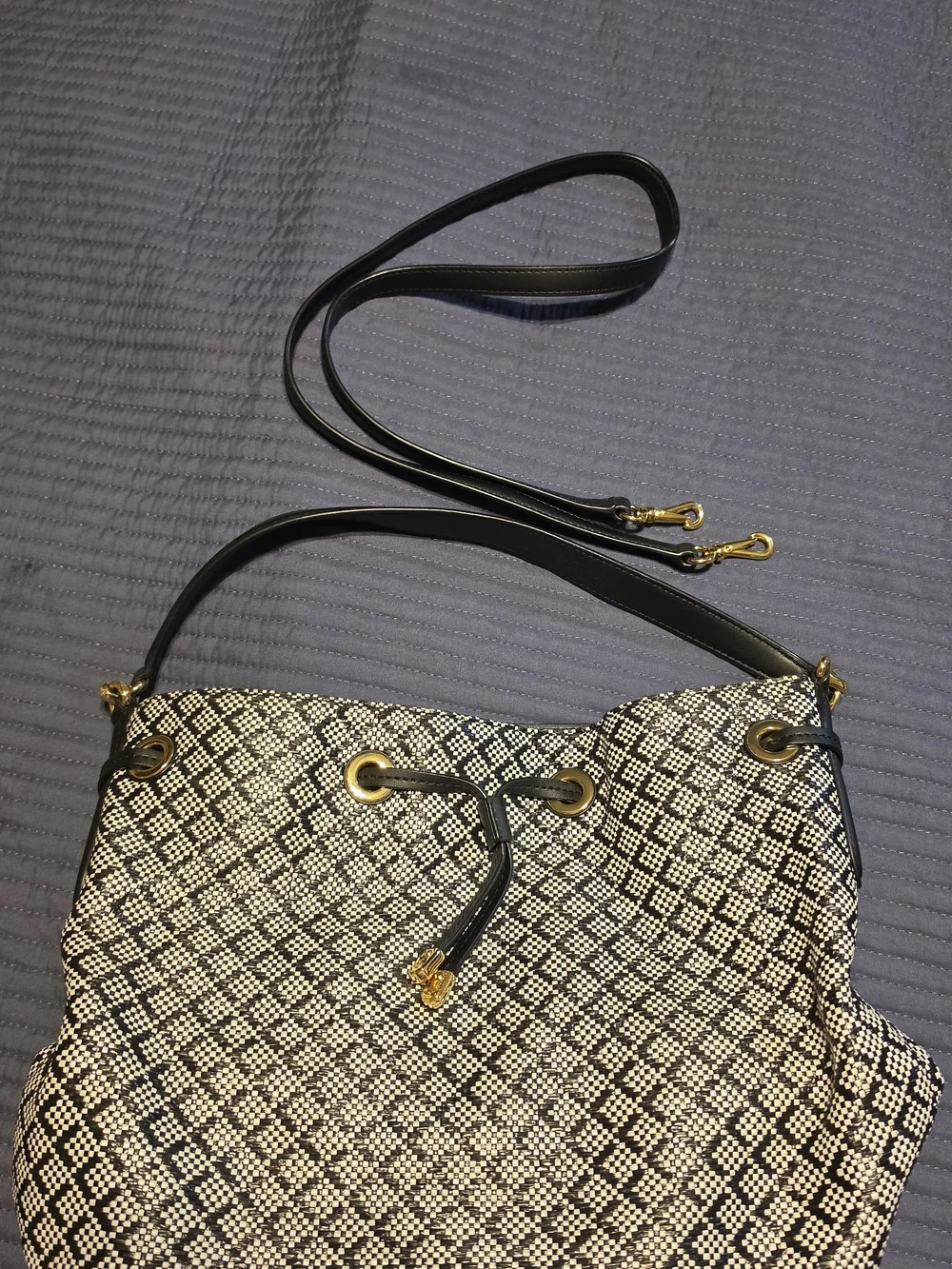Lauren Ralph Lauren Black and White Drawstring Crossbody with Gold Hardware